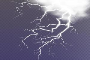 Set of lightning magical and bright light effect. Thunderstorm with lightning and clouds. Vector illustration. Discharge electrical current. Charge current. natural phenomena.