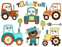 Vector set of funny tractor cartoon with cute bear in farmer costume holding pitchfork