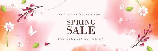 Spring Sale Header or Banner Design Promotion layout with fresh bloom flowers and butterfly elements vector