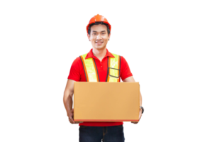 Male worker in hardhat holding cardboard box walking through in retail warehouse, Warehouse worker working in factory warehouse png