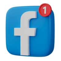 3D render, Facebook logo icon with new notification isolated on transparent background. png