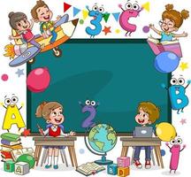 Little Children Studying And Playing At Preschool Classroom vector.A cartoon of kids with a blackboard that says your text here. vector