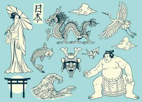 set Hand drawn of Japanese Traditional Objects vector