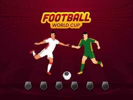 Sticker Style Football World Cup Font With Participating Countries Team Of Footballer Players And Empty Security Shield On Claret Stadium Background. vector