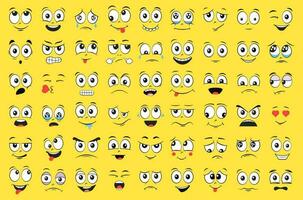 Cartoon faces set. Angry, laughing, smiling, crying, scared and other expressions. Vector illustration.