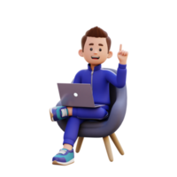 3d male character get an idea while sitting on a sofa and working on a laptop png