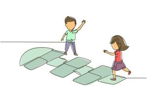 Single continuous line drawing little girl and boy playing hopscotch at kindergarten yard. Happy kids hopping at playground. Hop scotch court drawn with chalk. One line draw graphic design vector