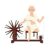 Character Of Mahatma Gandhi Spinning Charkha On White Background. vector