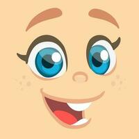 Cartoon cute girl laughing emotion. Cute cartoon vector girl face expressions set