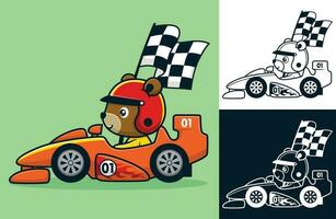 Funny bear on racing car carrying checkered flag. Vector cartoon illustration in flat icon style