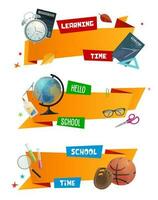 School supplies ribbon banners of education items vector