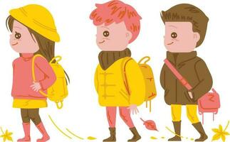 Cute Kids Wearing Warm Clothes and Backpacks Walking Vector Illustration