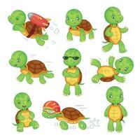 Turtle child. Running fast tortoise. Green kids turtles cartoon characters isolated vector illustration set