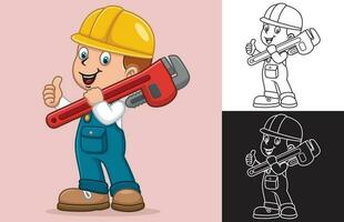 Vector illustration of cartoon boy holding big monkey wrench