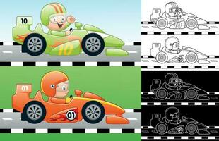 Vector cartoon of speed car racing with little boy racer