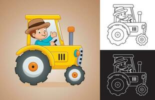 Vector cartoon of little boy farmer on tractor