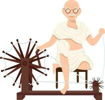 Character Of Mahatma Gandhi Bapu Spinning Charkha On White Background. vector