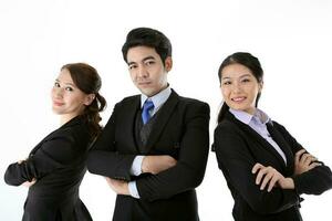 Southeast Asian young office business man woman stand confident back to back on white studio background photo