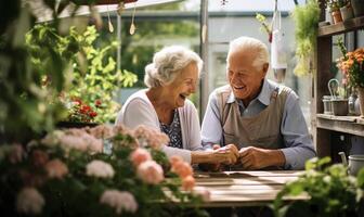 Old people couple in home garden. photo