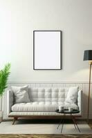 Blank picture frame mockup on white wall Modern minimalist living room photo