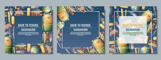 Back to school frame design. Set of postcard templates with backpack, books, globe. School, Knowledge, education.Background with school supplies vector