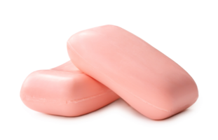 Two dry pink soap bars in stack isolated with clipping path and shadow in png file format