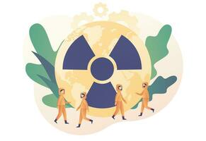 Tiny people in radioactive protection suit. Radiation warning symbol on planet Earth. Nuclear toxic waste concept. Modern flat cartoon style. Vector illustration on white background