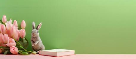 A pink background with a tulip, green felt hare, notebook, and pen is depicted, representing Easter. photo