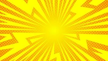 Yellow comic background with lightning, rays and halftone effects. Vector illustration