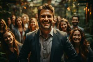 Ai Generative group of happy business man and business women, dressed in suits are smiling, in the office photo