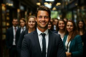 Ai Generative group of happy business man and business women, dressed in suits are smiling, in the office photo