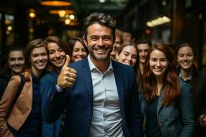 Ai Generative group of happy business man and business women, dressed in suits are smiling, in the office photo