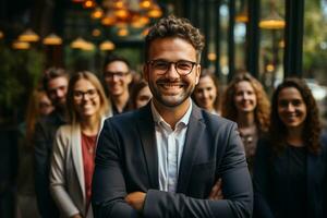 Ai Generative group of happy business man and business women, dressed in suits are smiling, in the office photo