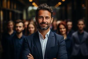 Ai Generative group of happy business man and business women, dressed in suits are smiling, in the office photo