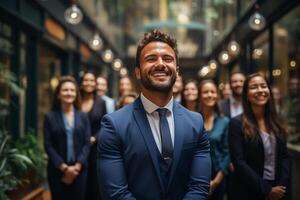 Ai Generative group of happy business man and business women, dressed in suits are smiling, in the office photo