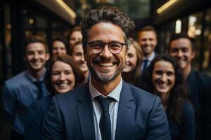 Ai Generative group of happy business man and business women, dressed in suits are smiling, in the office photo