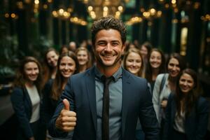 Ai Generative group of happy business man and business women, dressed in suits are smiling, in the office photo