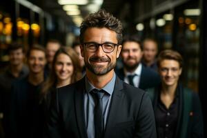 Ai Generative group of happy business man and business women, dressed in suits are smiling, in the office photo