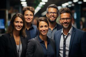 Ai Generative group of happy business man and business women, dressed in suits are smiling, in the office photo