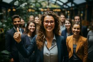 Ai Generative group of happy business man and business women, dressed in suits are smiling, in the office photo