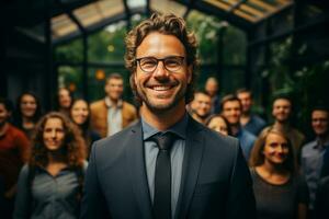 Ai Generative group of happy business man and business women, dressed in suits are smiling, in the office photo