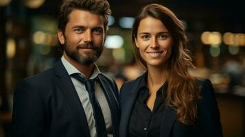 AI-Generated Man and woman executives in business suits in the office photo