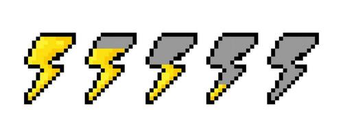 Lightning icon as a symbol of power in pixel art style. Symbols of various power levels in the game assets. 8bit lightning icon set vector