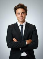 Ai Generative photo confident young businessman in suit standing with arms folded