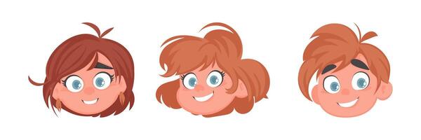 Set of faces of cute and cheerful girls. Cartoon style vector