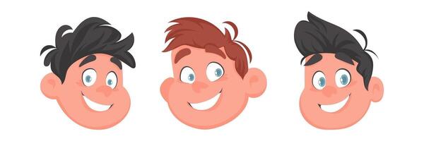 Set of faces of fat, cute and cheerful guys and men. Cartoon style vector