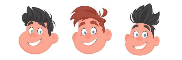 Set of faces of fat, cute and cheerful guys and men. Cartoon style vector