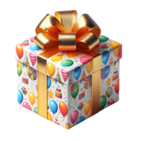 AI generated closeup of colourful decorative wrapped Christmas, birthday gift box with ribbon isolated on transparent background png