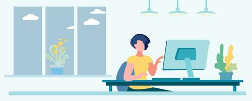 Girl at the computer, remote study concept, freelancing, cartoon flat vector illustration