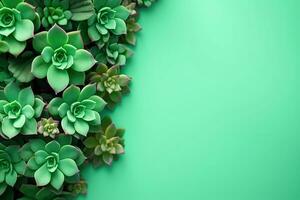 AI generated succulent frame on green background top view, beautiful floral template with copy space photo